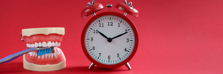 Jaw toothbrush and red alarm clock on red background