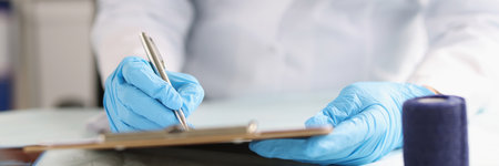 Doctor in gloves fills in medical documents on clipboardの写真素材