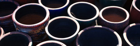 Faience old handmade clay pots. Old potteryの写真素材