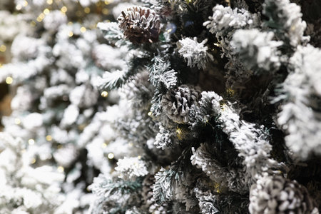 Fir branches in snow with christmas garlands closeupの写真素材