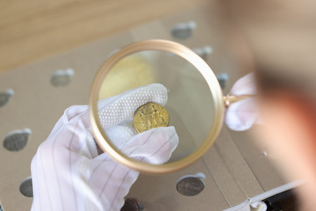 Numismatist in gloves looks through magnifying glass and evaluates ancient coins.の写真素材