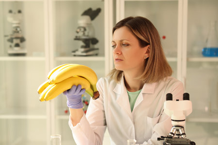 A woman sitting in the laboratory looks at bananasの写真素材