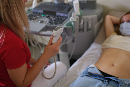 The doctor makes an ultrasound of the abdomen to womanの写真素材