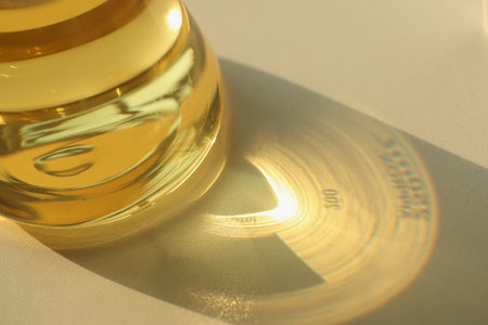 Laboratory flask filled with yellow chemical solution with shadows on lab table.