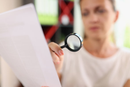 Woman looks through magnifying glass at document.の写真素材
