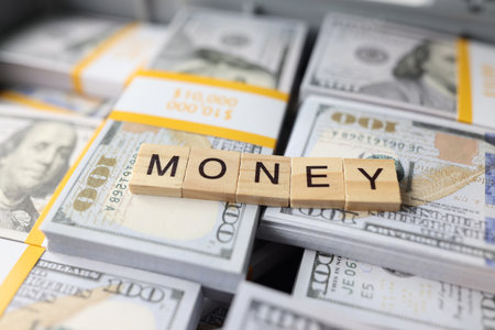 Word money collected from wooden bars on stacks of dollars close-up.の写真素材