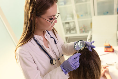 Female dermatologist checks health of her patients hair and scalp with magnifying glass.の写真素材