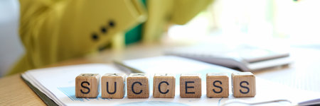 Success text on cubes on background of businesswoman leaderの写真素材