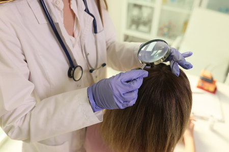Trichologist finds out cause of hair loss of female patientの写真素材