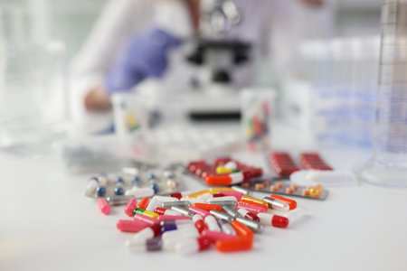 Pile of pills on white table against woman doing research