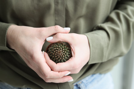 Woman tries to squeeze spiked cactus in pot with handsの写真素材
