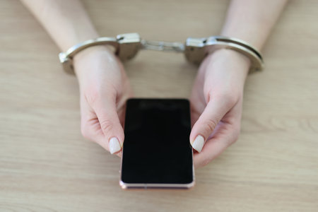 Woman in handcuffs holds modern smartphone sitting at tableの写真素材