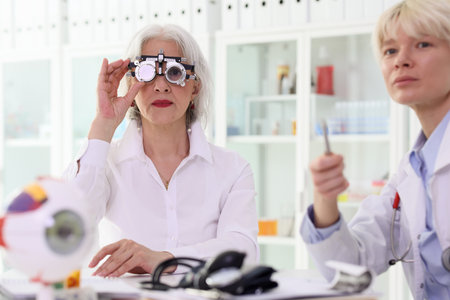 Mature woman checks eyesight looking through goggles