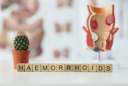 Word Hemorrhoids made of wooden cubes against rectal modelの写真素材