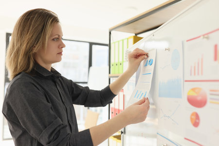 Businesswoman pins infographic charts on office whiteboard
