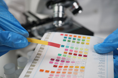Laboratory worker compares color of stick with indicatorsの写真素材
