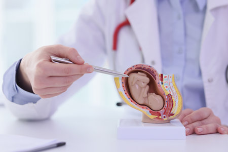 Gynecologist shows human uterus with fetus model in hospital