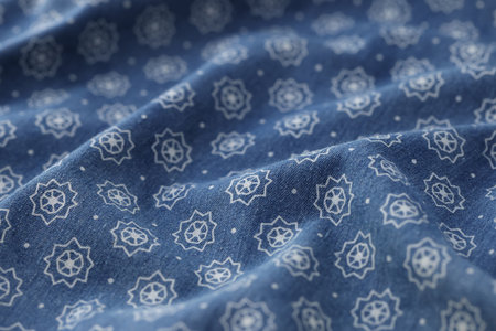 Wavy blue cotton fabric with white patterns as background