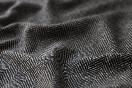 Crumpled black herringbone suit fabric for sale in storeの写真素材