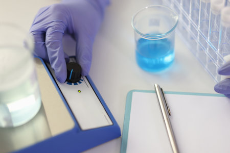 Scientist examines liquids samples in laboratory making noteの写真素材
