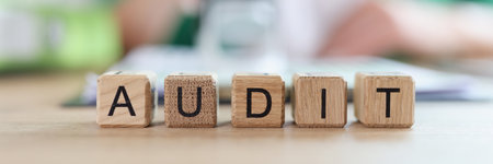 Business woman examines financial documents with reports and conducts auditの写真素材