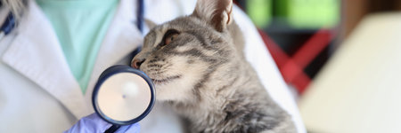 Female veterinary doctor with stethoscope holding kitten in vet clinic.の写真素材