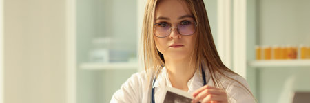 Doctor therapist examining result of ultrasound examination of abdominal cavity in clinicの写真素材