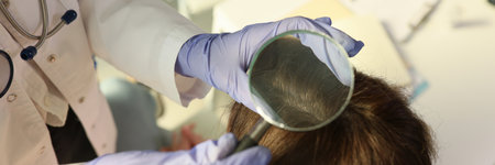 Doctor trichologist examining scalp of patient in clinic closeup