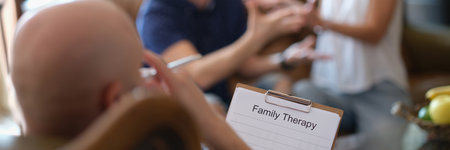 Clipboard with text family therapy and blurred married couple and psychologist.の写真素材