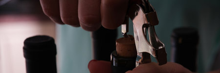 Man opens bottle of wine in dark room, two empty bottles in background.の写真素材