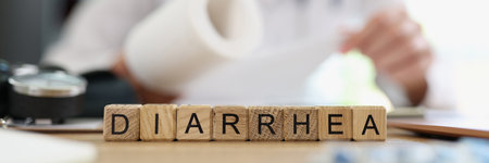 Blurred doctor with roll of toilet paper in hand and word diarrhea on table.の写真素材