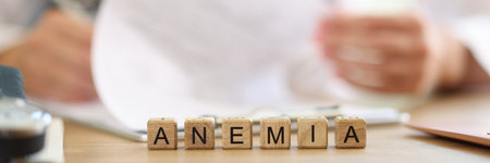 Word anemia on table and blurred doctor filling out medical paperwork in background.の写真素材
