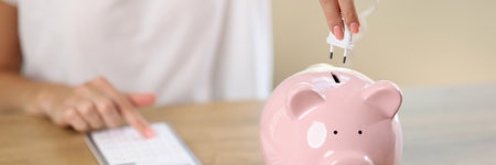 Woman connects electric plug to piggy bank and counting money on calculator.