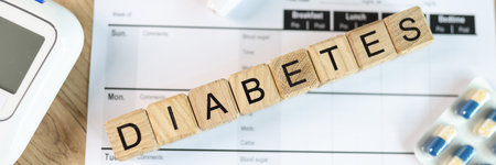 Word diabetes with drugs, glucose meter and blood sugar testsの写真素材