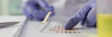Close-up of doctor checking medical test results at desk in medical clinic.