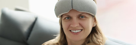 Smiling woman with modern sleep mask on her head looks at camera.の写真素材