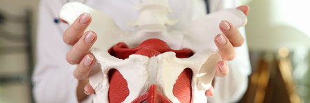 Gynecologist shows female pelvis with reproductive organs
