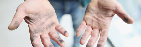 Dirty hands of man after wiping dust on bookshelvesの写真素材