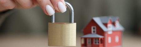 Hand of woman holding door lock near toy house modelの写真素材