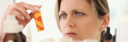 Woman holds container with vitamins reading instructionの写真素材