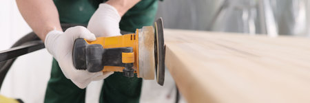 Carpenter processes wooden table with grinder machineの写真素材