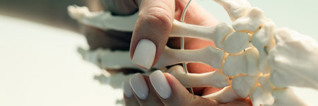Woman shakes hands with skeleton model on beige backgroundの写真素材