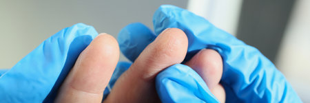 Doctor in gloves holding fingers of patient checking skinの写真素材