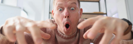 Crazy man with surprised facial expression types on keyboardの写真素材