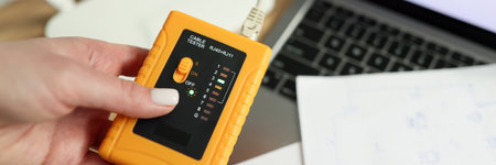 Woman holds LAN speed tester near Wi-Fi router and laptopの写真素材