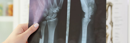 X-ray image of patient palm bones in orthopedist handの写真素材