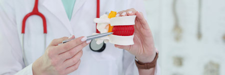 Experienced doctor holds artificial model of vertebraの写真素材