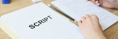 Attentive woman reads script papers editing text with pencilの写真素材