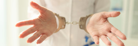 Doctor with stethoscope in handcuffs. Nurse with metal handcuffs on handsの写真素材