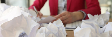Irritated woman writes business ideas sitting at tableの写真素材